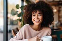 African American female smile happiness coffee.