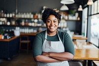 Chubby black female chef restaurant smiling adult.