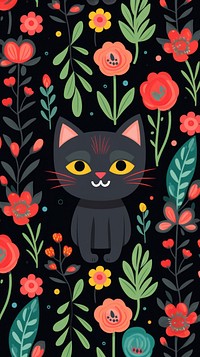 Cat and flower pattern cartoon wallpaper.