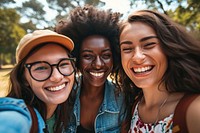 Diverse university student friends selfie cheerful laughing. 