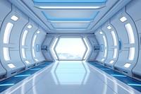 3d render of empty spaceship architecture corridor blue.