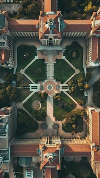 Aerial top down view of University architecture building outdoors.