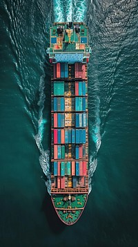 Aerial top down view of Cargo ship watercraft delivering container.