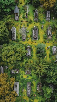 Aerial top down view of Graveyard tombstone graveyard outdoors.
