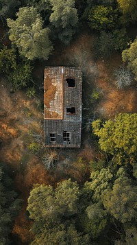 Aerial top down view of Old house architecture landscape outdoors.