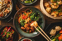 Chopsticks picking Chinese food plate meal meat. AI generated Image by rawpixel.