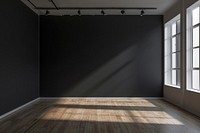 Empty scene of room with black wall architecture flooring building.
