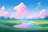 Golf course landscape panoramic outdoors.
