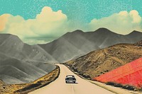 Collage Retro dreamy of a car driving on expressway through mountains vehicle highway nature.