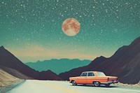 Collage Retro dreamy of a car driving on expressway through mountains nature astronomy outdoors.