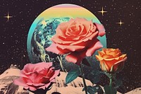 Collage Retro dreamy of beach rose and butterfly astronomy nature flower.