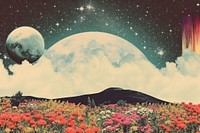 Collage Retro dreamy of field landscapes galaxy astronomy universe outdoors.