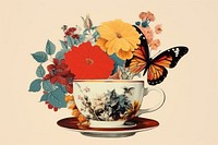 Collage Retro dreamy of flowers butterfly in coffe cup porcelain painting saucer.