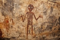 Paleolithic cave art painting style of alien outdoors ancient rock.