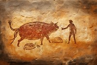 Paleolithic cave art painting style of man eat Burger ancient animal mammal.