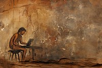Paleolithic cave art painting style of man using computer ancient architecture creativity.