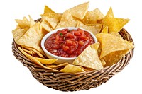 Delicious nachos with red salsa sauce inside a basket ketchup snack food.