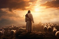 Jesus shepherding the sheep livestock outdoors nature. 