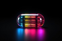 3D render neon medicine pill icon capsule illuminated reflection.