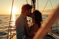 Hispanic couple kissing on the deck of a yacht against a sunny background sailboat vacation outdoors. AI generated Image by rawpixel.