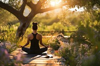A Latino yoga instructor leading a serene outdoor summer yoga session tranquility sunlight outdoors. AI generated Image by rawpixel.