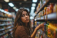 Latina woman choosing product from grocery shelf shopping looking adult. AI generated Image by rawpixel.