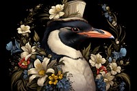 Erect-crested penguin and flowers art graphics painting.