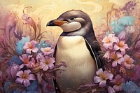 Penguin and flowers art painting blossom.