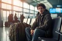Brazilian man airport sitting luggage.