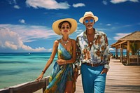Hispanic Caribbean couple sunglasses vacation outdoors.