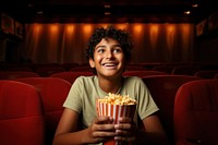 Indian teenager in theater popcorn happiness enjoyment.