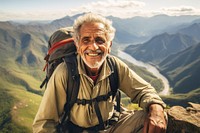Latina brazilian senior man backpacking adventure mountain.