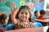 Little chubby latina student raise her hand classroom child joy. AI generated Image by rawpixel.