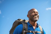 African middle age man hiking backpack smile adult.