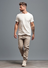 Cream t-shirt and pant  walking person adult.