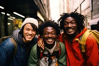 African Backpackers in tokyo laughing outdoors adult.