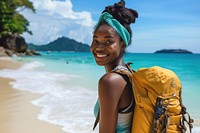 Nigerian girl backpacker at thailand beach happy tranquility backpacking.