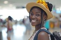 Nigerian girl backpacker at the airport adult smile happy.