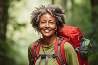African middle age woman With Backpack backpack backpacking portrait.