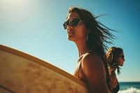 Latina woman carrying surfboard with her friend on the beach sunglasses portrait outdoors. AI generated Image by rawpixel.
