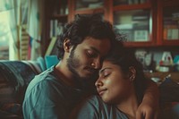 Indian young male couple portrait kissing adult.