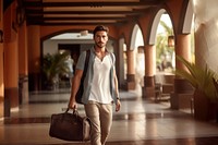 Latino younger man walking bag travel.
