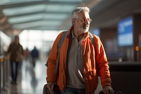 Latino senior man walking airport travel.