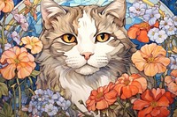 Scottish Fold and flowers art illustrated painting.