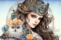 Snowy owl and flowers art photography illustrated.
