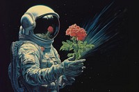 Astronaut holding potted plant sprout painting flower nature.