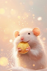 White rat holding golden coin animal rodent mammal.