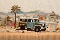 Side view car driving on the desert road needlework vehicle textile.