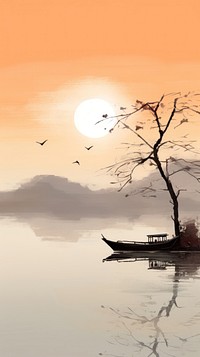 Boat on Lake at sunset chinese brush landscape outdoors painting.