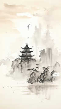 Dragon flying on top of a temple chinese brush painting drawing sketch.